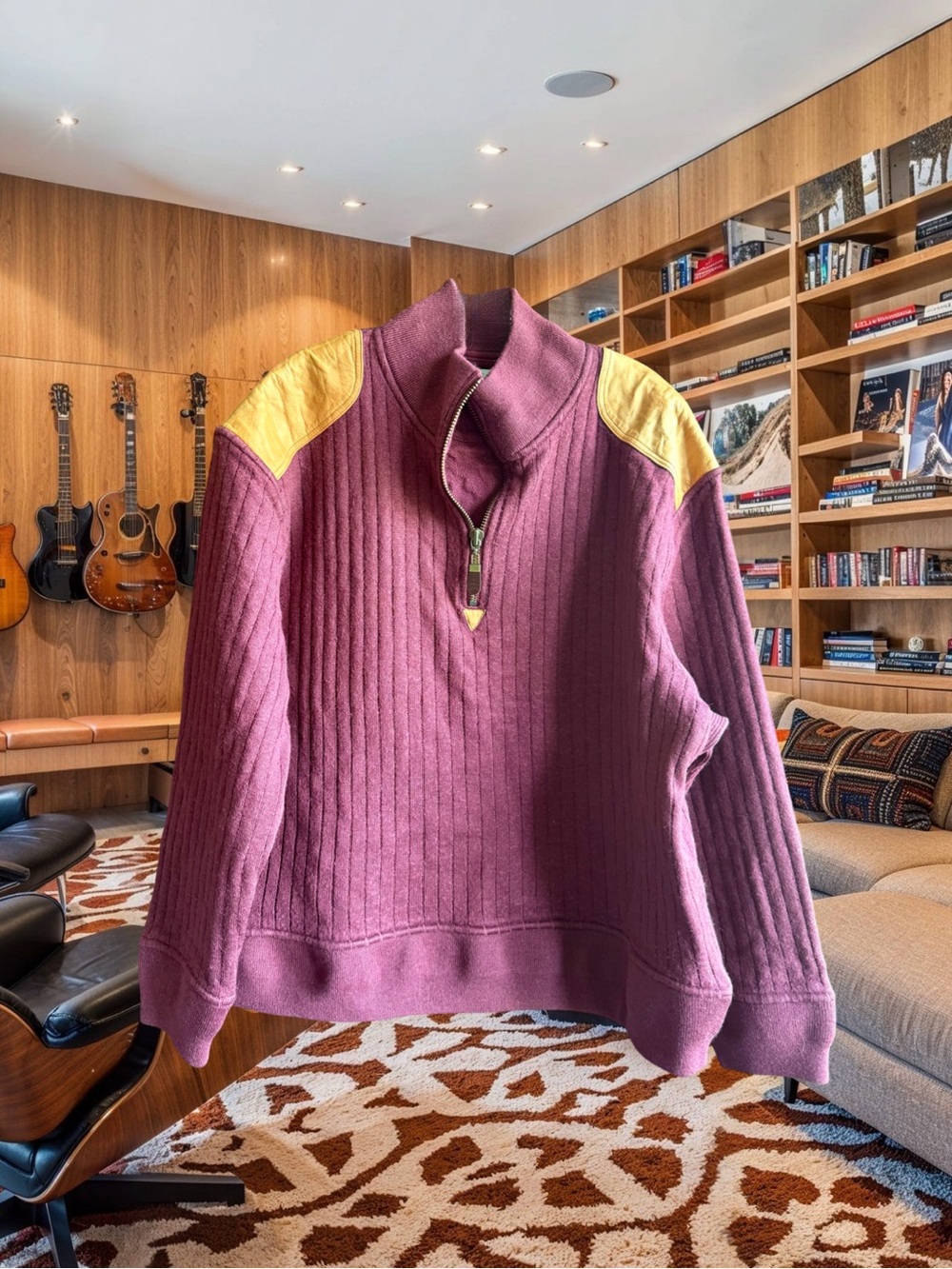 Orvis Burgundy Wool Blend Half-Zip Sweater w/ Leather patches Size XXL